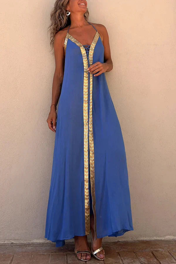 Ivyshape | Women's Gold Accent Long Gown Slit