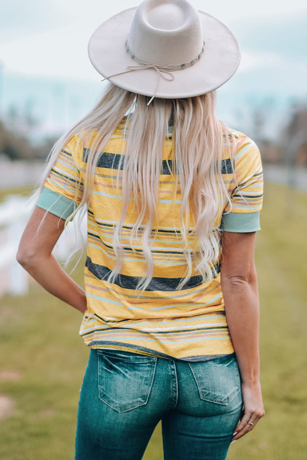 Ivyshape | Multicolored Striped Round Neck Tee Shirt