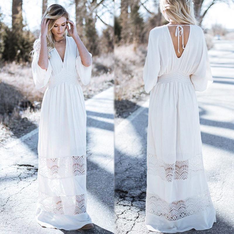 V-Neck Stitching Lace Cover-Up Beach Dress