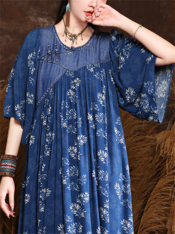 Vintage Print Round Neck Half Sleeve Pleated Swing Dress for Women