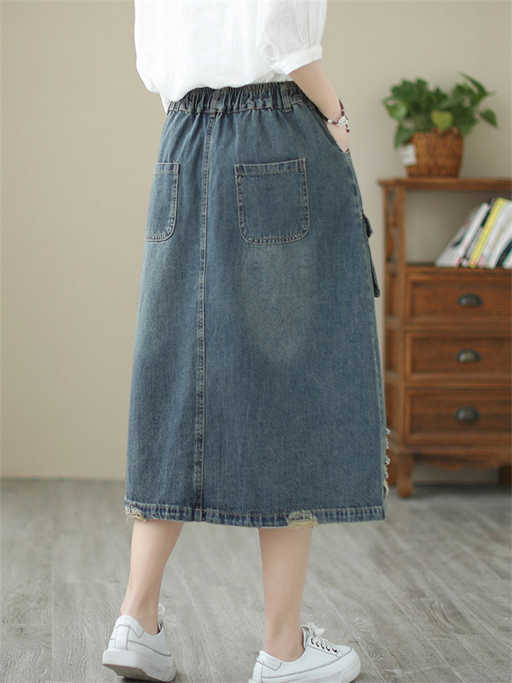 Ladies Floral Embroidered Ripped Vintage Denim Skirt