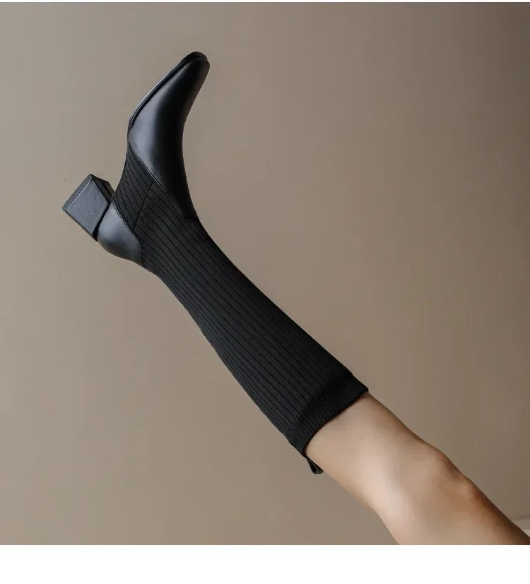 Ivyshape | Knee High Trendy Sock Leather Boots