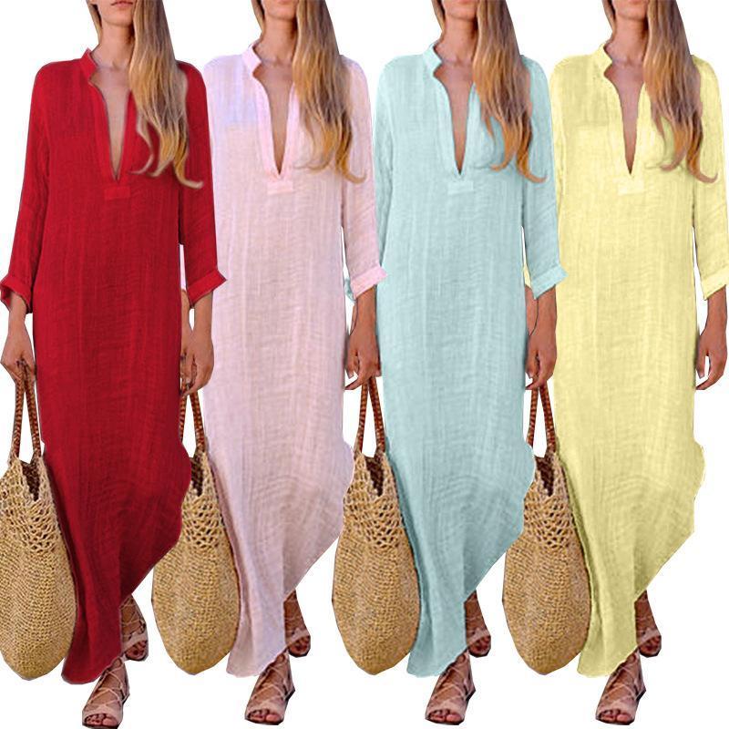 Color V Neck Long Sleeve Casual Maxi Dress