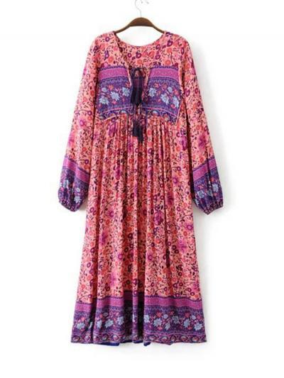 s Fashion Polyester Boho Tie Neck Long Sleeve Pleated Day Dress