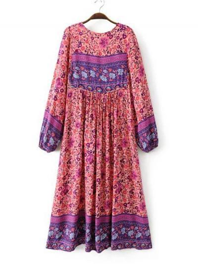 s Fashion Polyester Boho Tie Neck Long Sleeve Pleated Day Dress