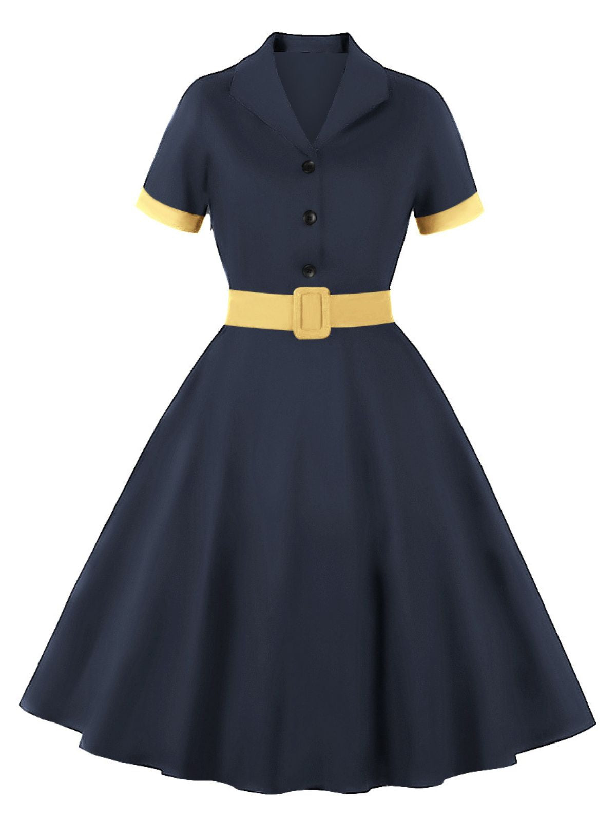 Retro Contrast Short-Sleeved Lapel Dress