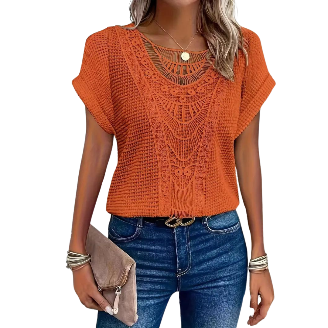 Ivyshape | Short Sleeve Top Casual Lace with Round Neck