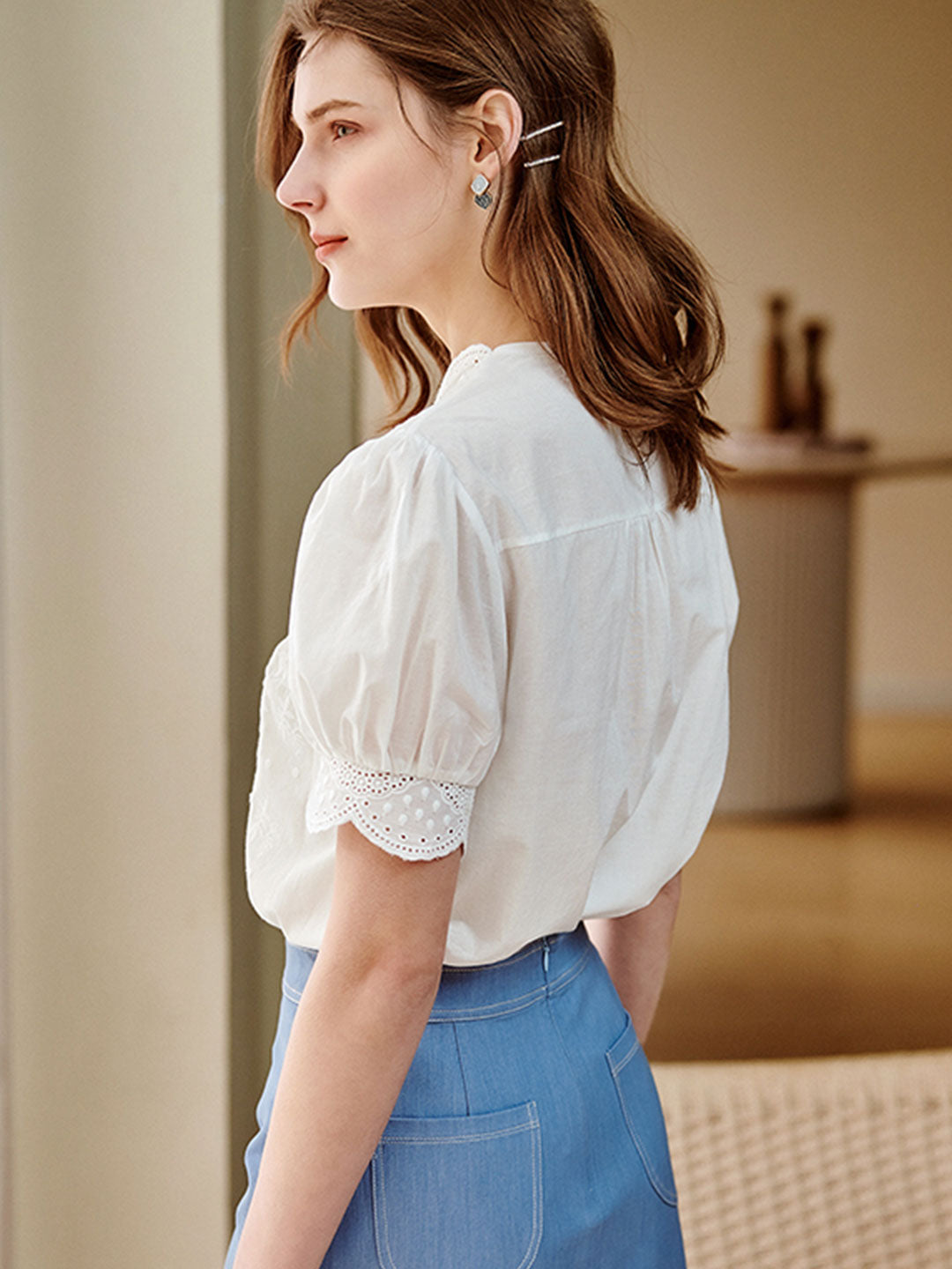 V-neck Embroidered Chiffon Shirt