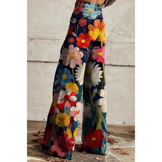 Ivyshape | Women'S Printed Denim Pants Bright Flowers