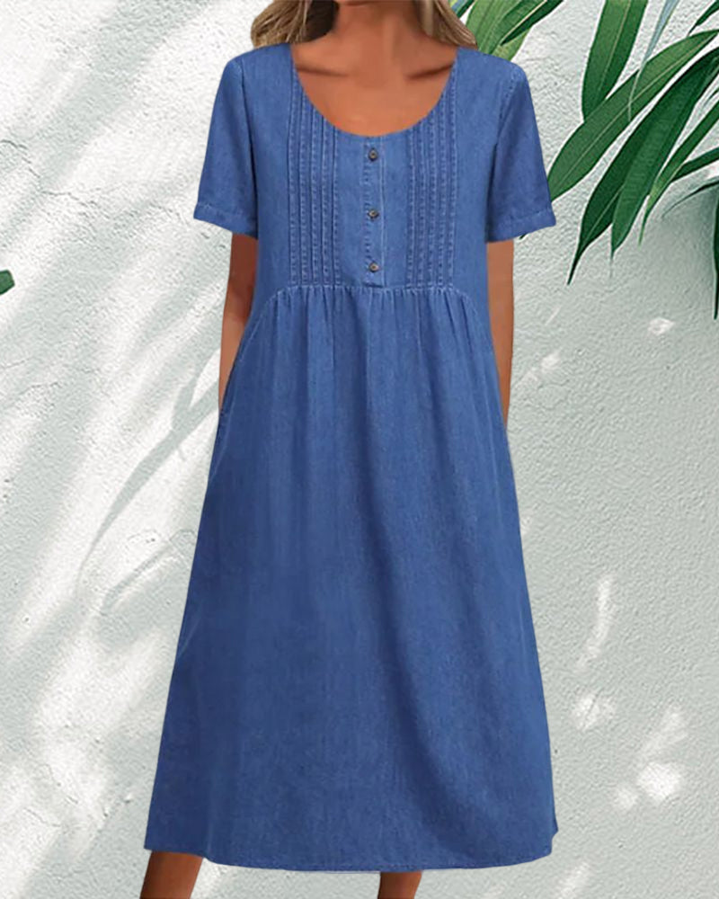 Summer Denim Midi Dress with Short Sleeves | Ideal for Summer