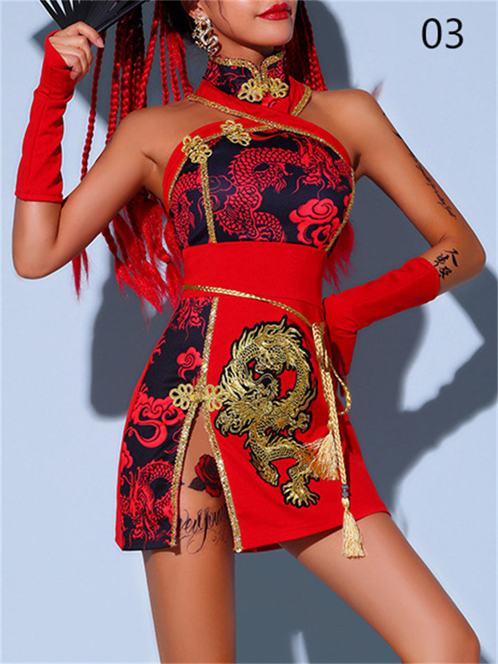 Hip Hop Ethnic Jazz Dance Dragon Print Dress for Women