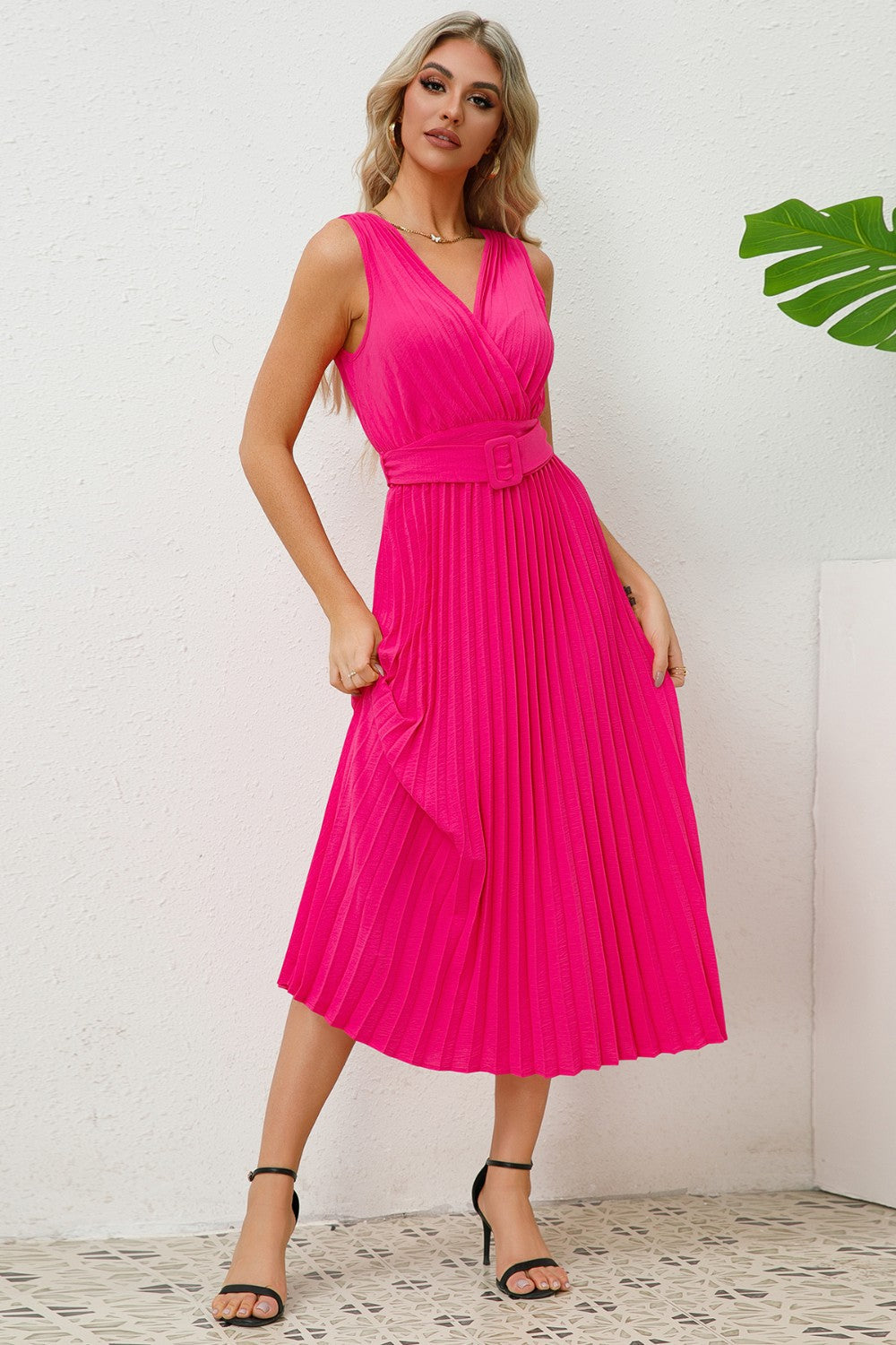 Ivyshape | Surplice Sleeveless Midi Pleated Dress