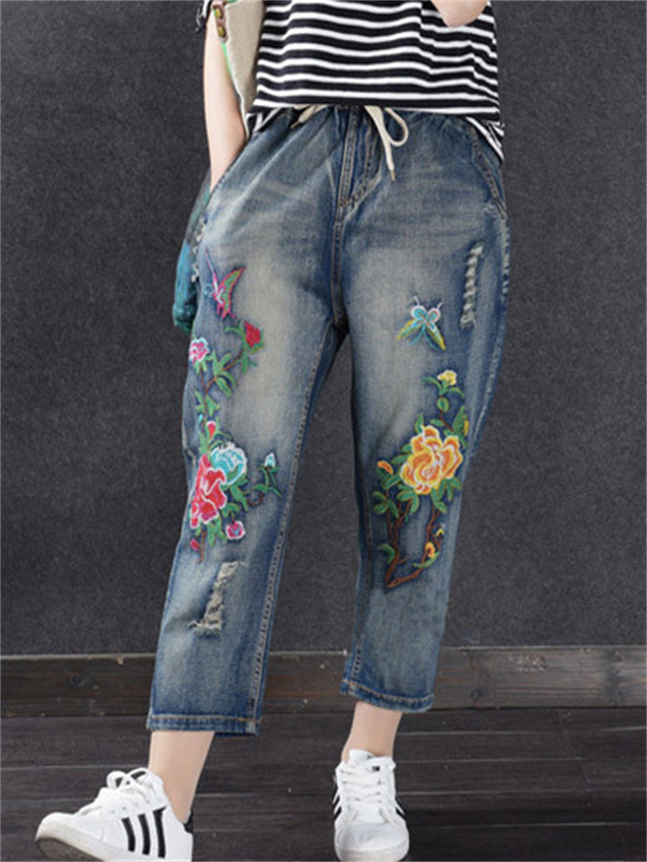 Vintage Floral Ripped Elastic Waist Blue Jeans for Lady