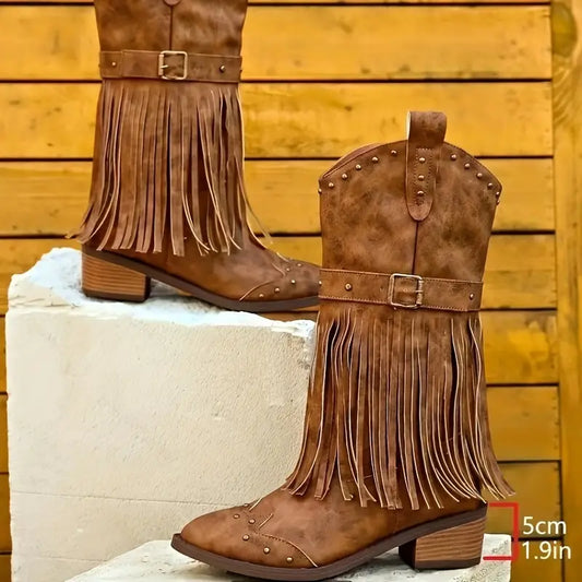 Ivyshape | Women's boots with fringe decor and thick heel