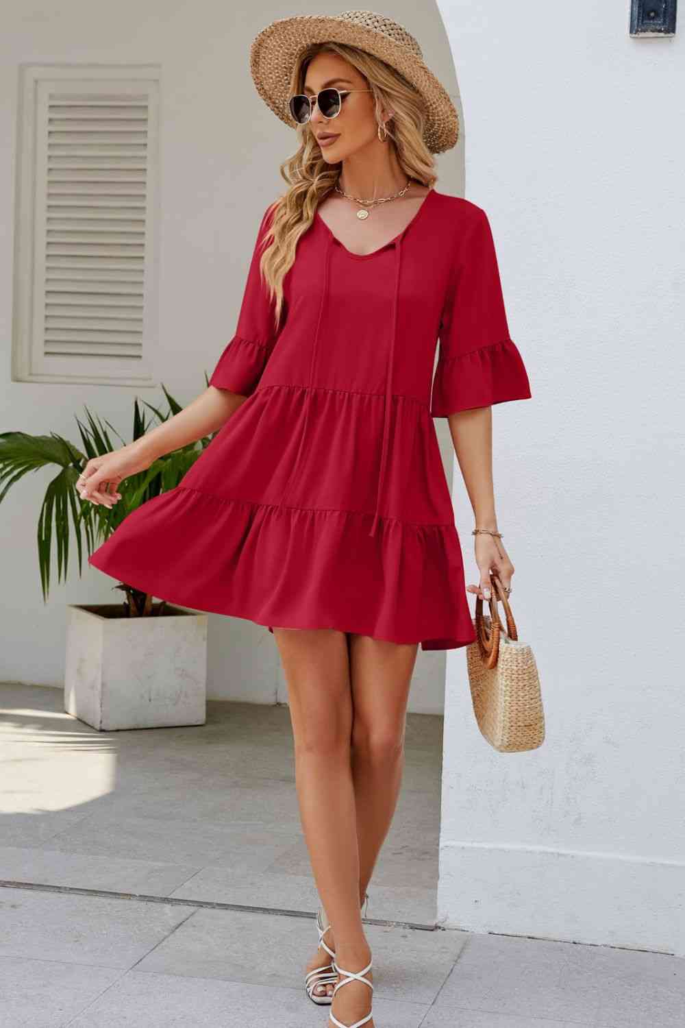 Tied Flounce Sleeve Mini Dress