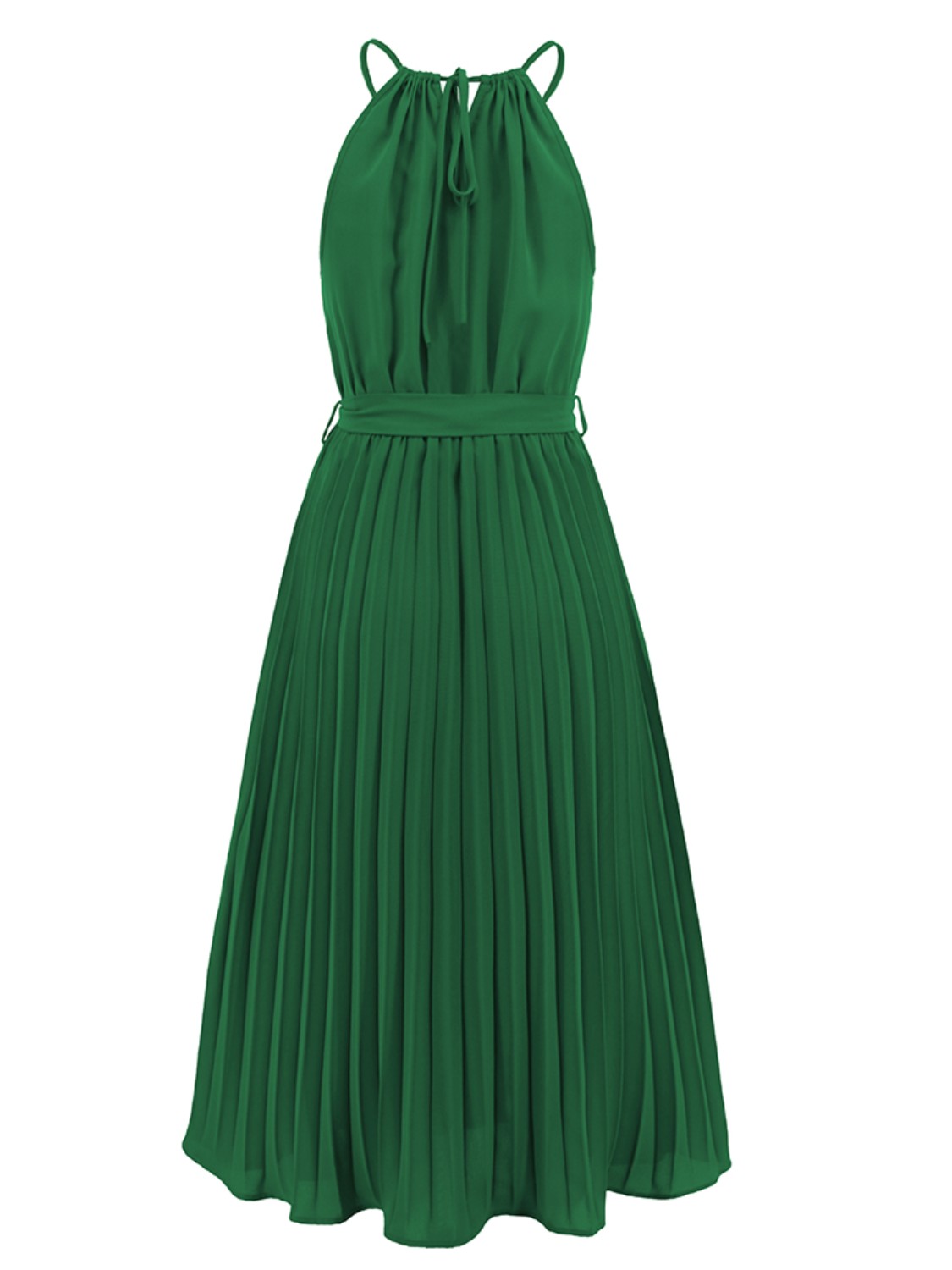 Ivyshape | Pleated Spaghetti Strap Tie Waist Midi Dress