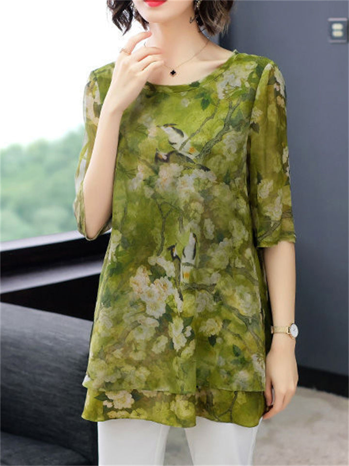 O-neck Floral Loose Chiffon Shirts