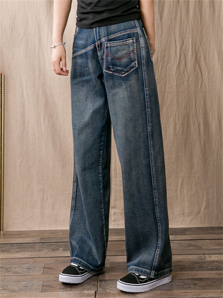 Spring High Waist Loose Straight-Leg Blue Jeans for Women