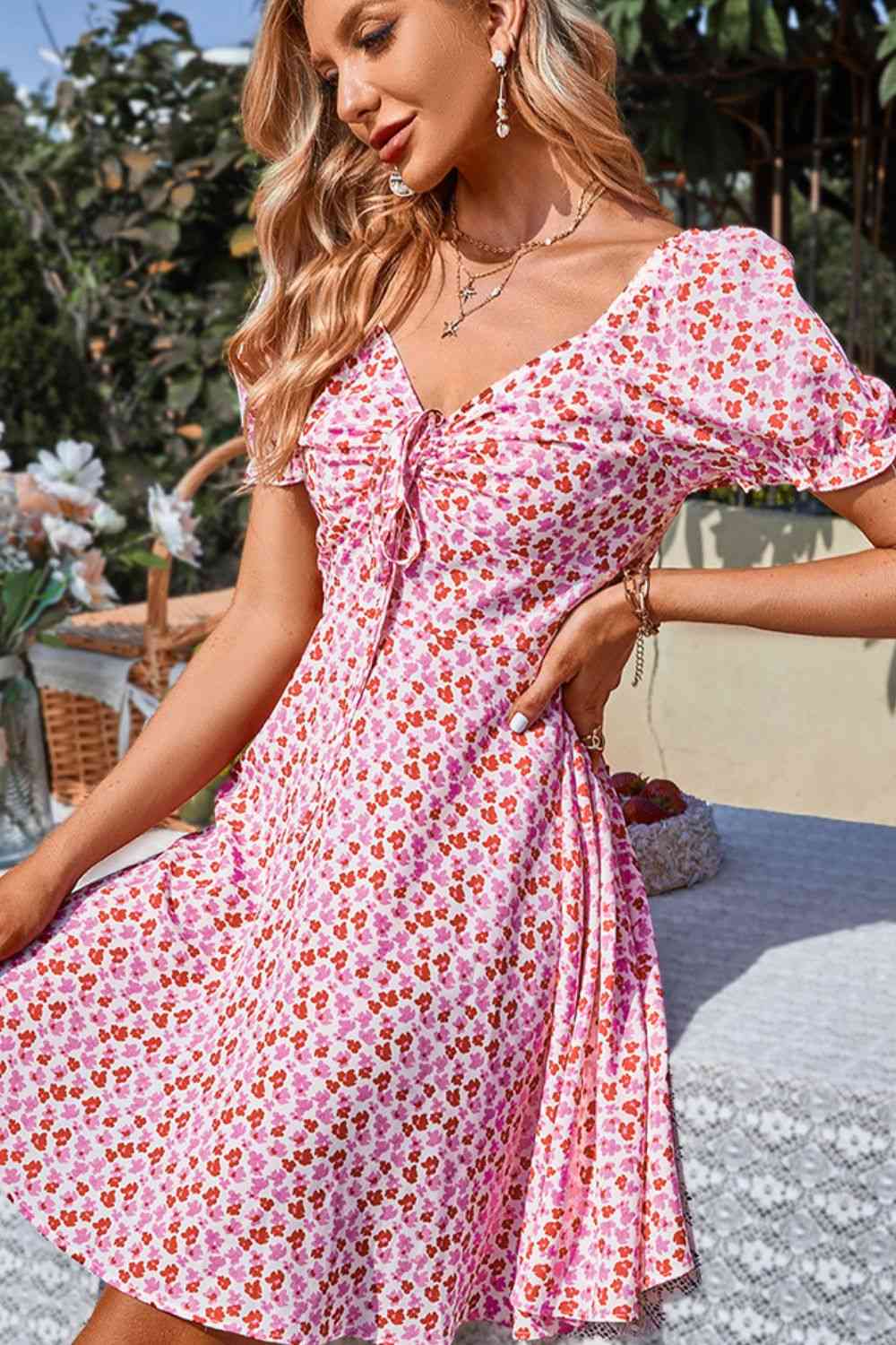 Floral Drawstring Flounce Sleeve Dress