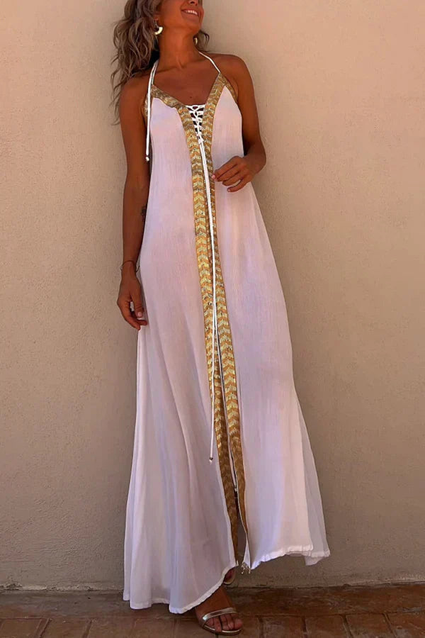 Ivyshape | Women's Gold Accent Long Gown Slit