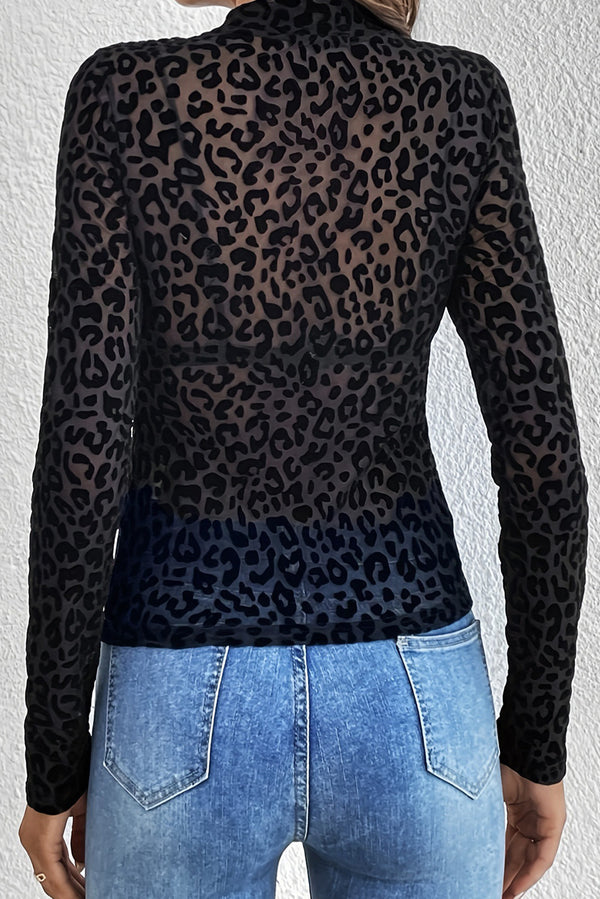 Ivyshape | Leopard Stand Neck Sexy Long Sleeve Mesh Top