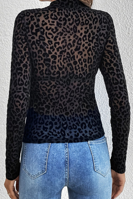 Ivyshape | Leopard Stand Neck Sexy Long Sleeve Mesh Top