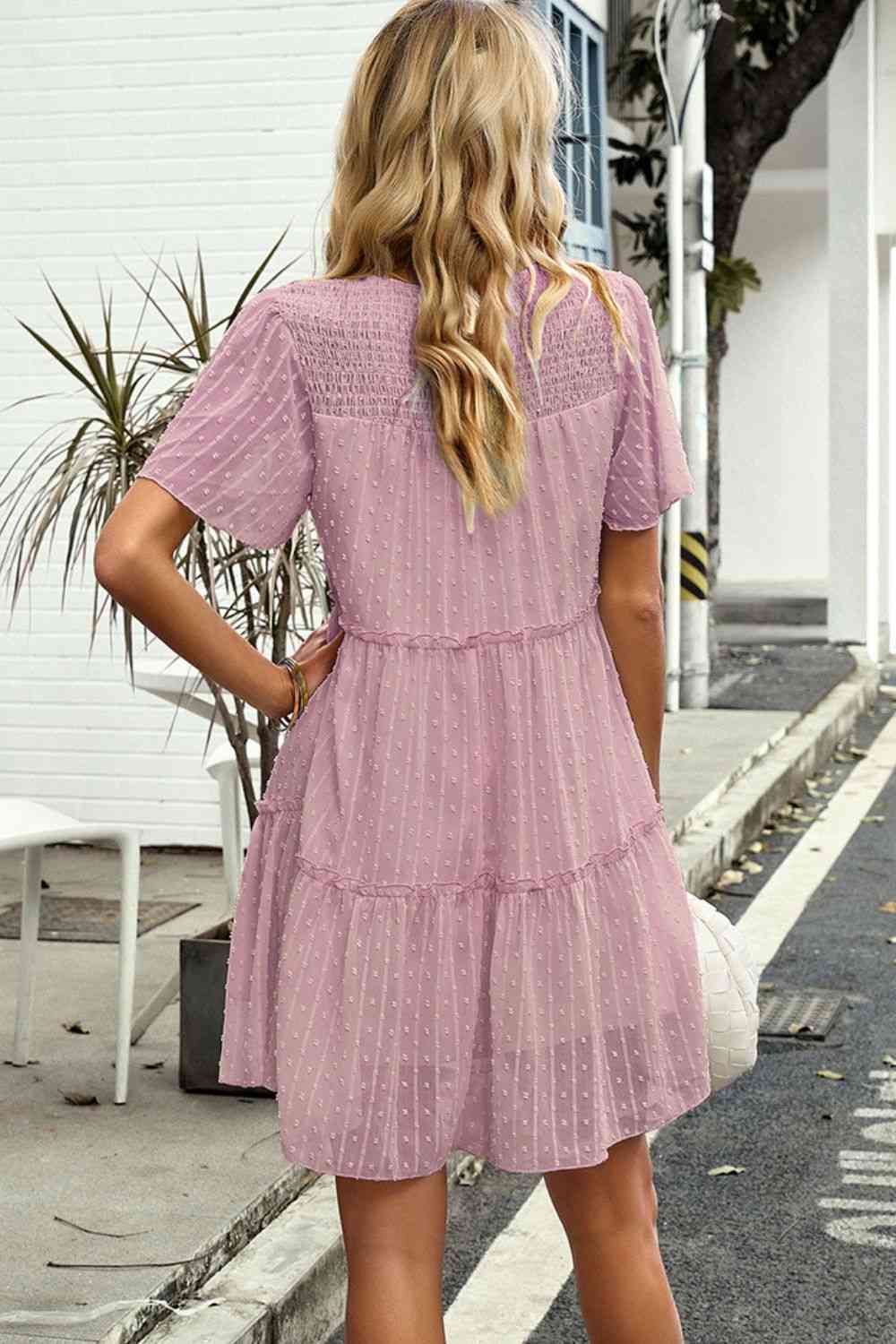 Swiss Dot Smocked Frill Trim Dress