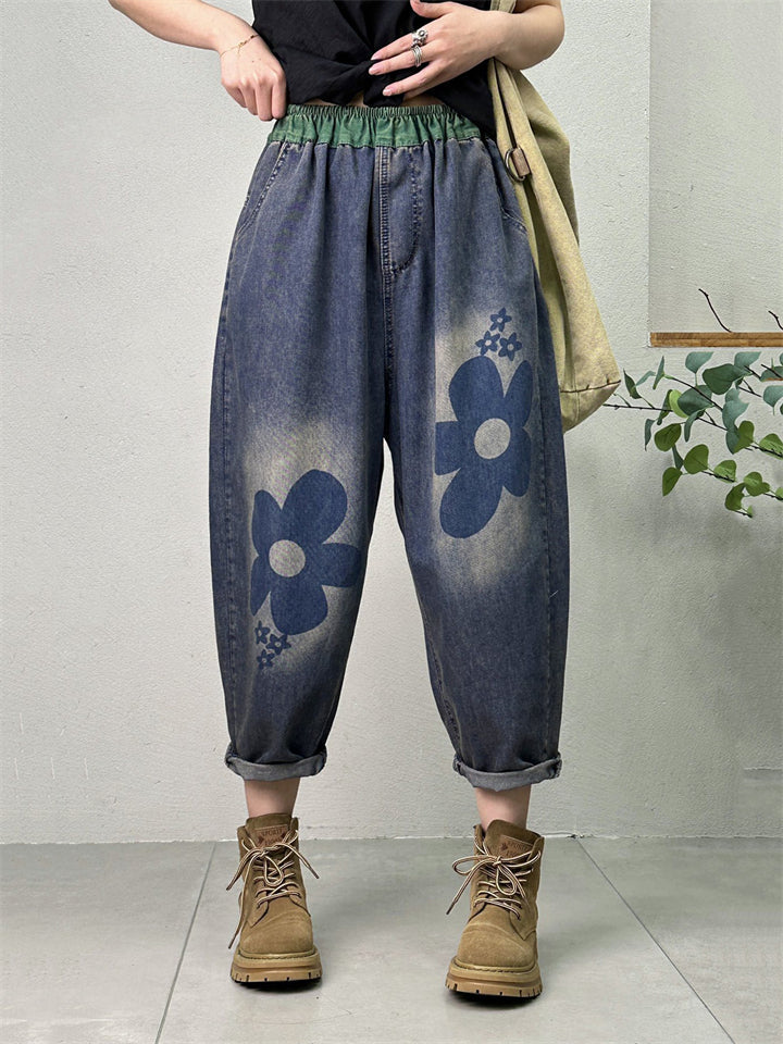 Vintage Big Floral Print Elastic Waist Blue Harem Jeans for Women