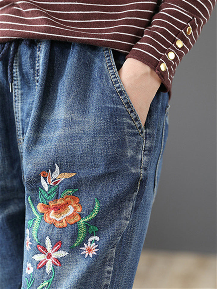 Female Leisure High-Rise Drawstring Embroidery Washed Denim Pants