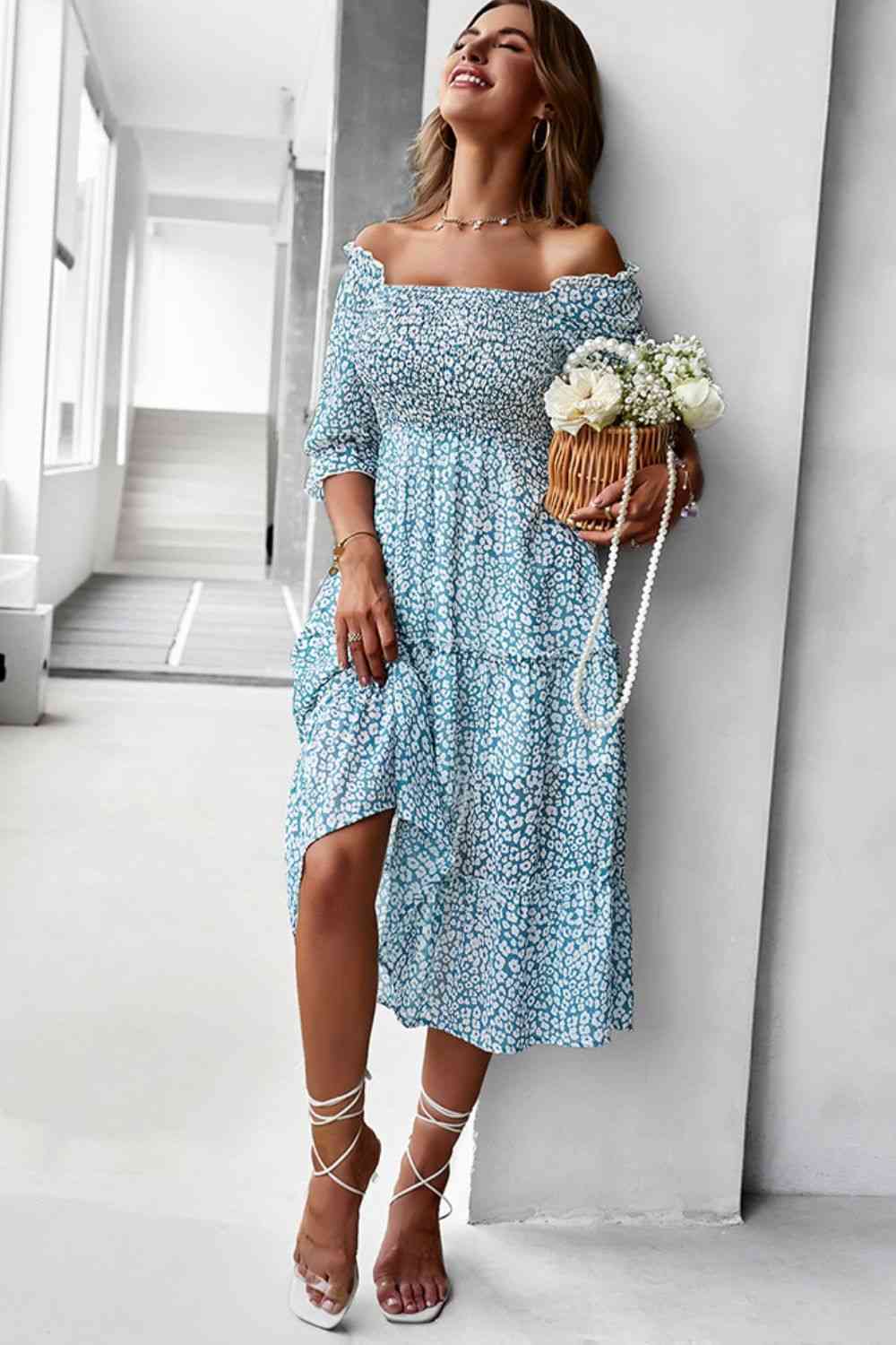 Ditsy Floral Off-Shoulder Smocked Midi Dress