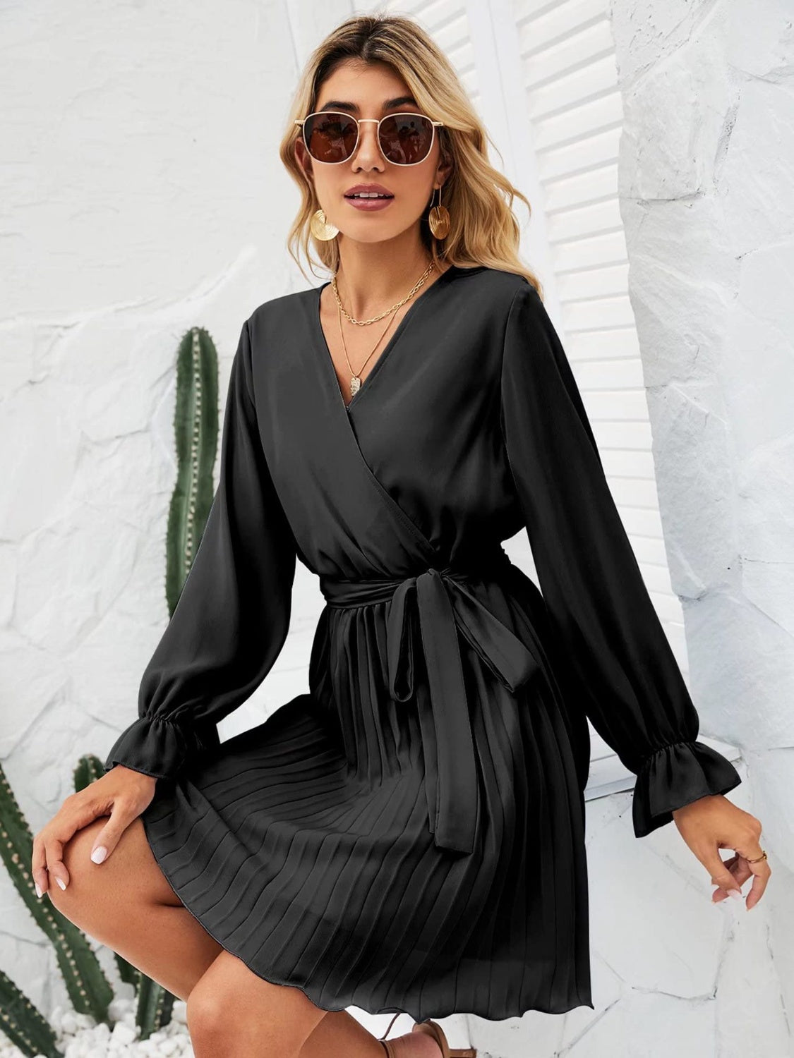 Ivyshape | Surplice Flounce Sleeve Pleated Mini Dress