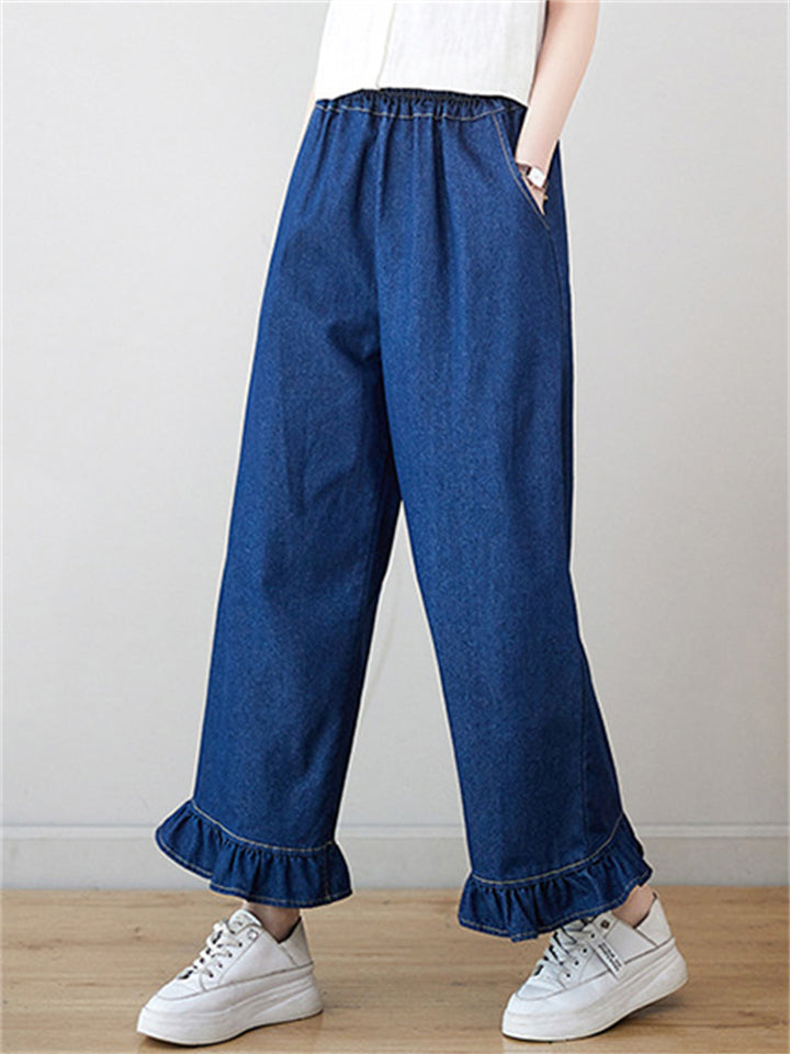 Ruffled Leg Cuff Blue Straight Leg Jeans