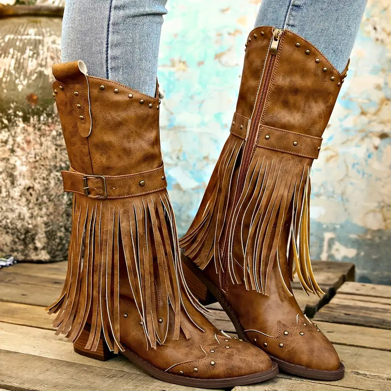 Ivyshape | Women's boots with fringe decor and thick heel