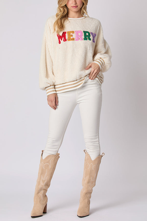 Ivyshape | Lettered Rhinestone Long-Sleeved Crew Neck Sweatshirt