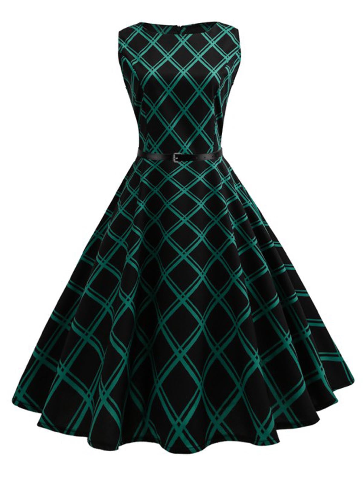 Green Plaid Belted Swing Dress