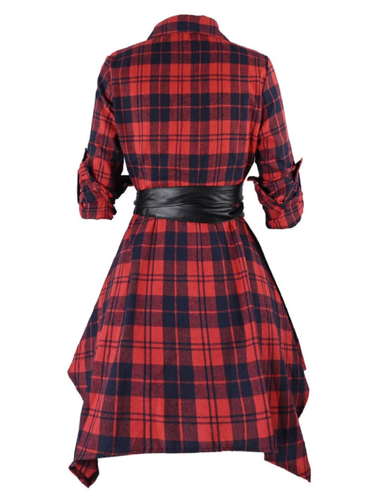 3/4 Sleeve Plaid Belt Long Tops