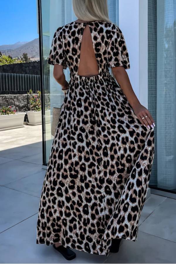 Ivyshape | Leopard V-Neck Cinched High Waist Open Back Maxi Dress