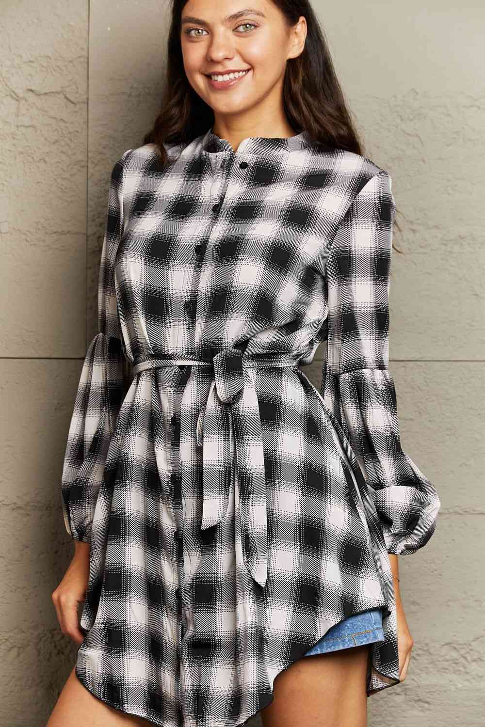 Plaid Tie Waist Lantern Sleeve Mini Dress