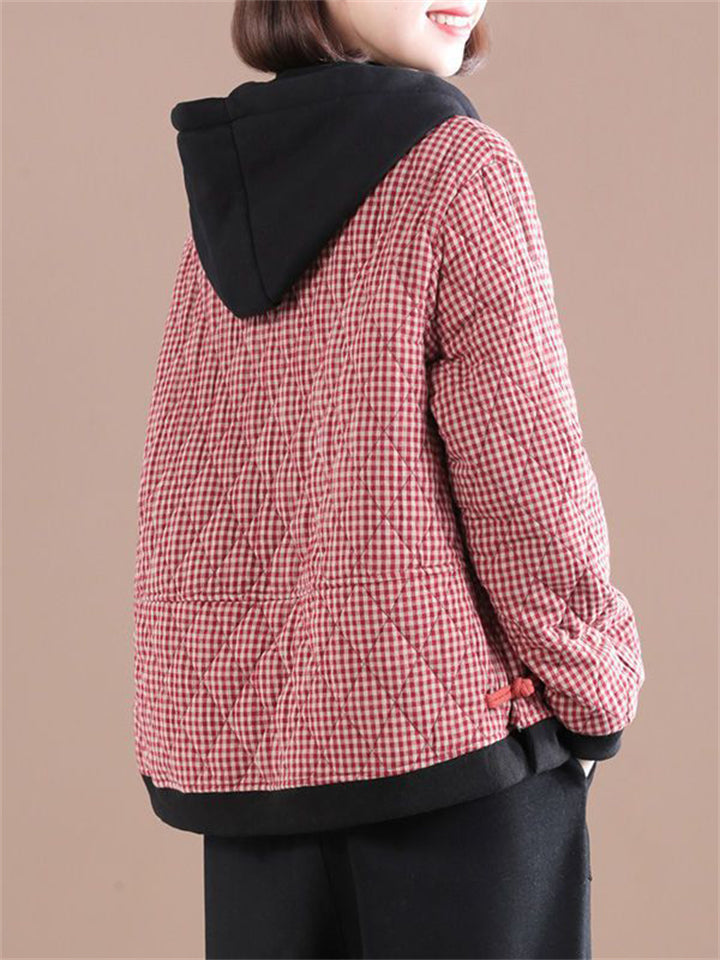 Women's Winter Vintage Plaid Short Hooded Cotton Coat