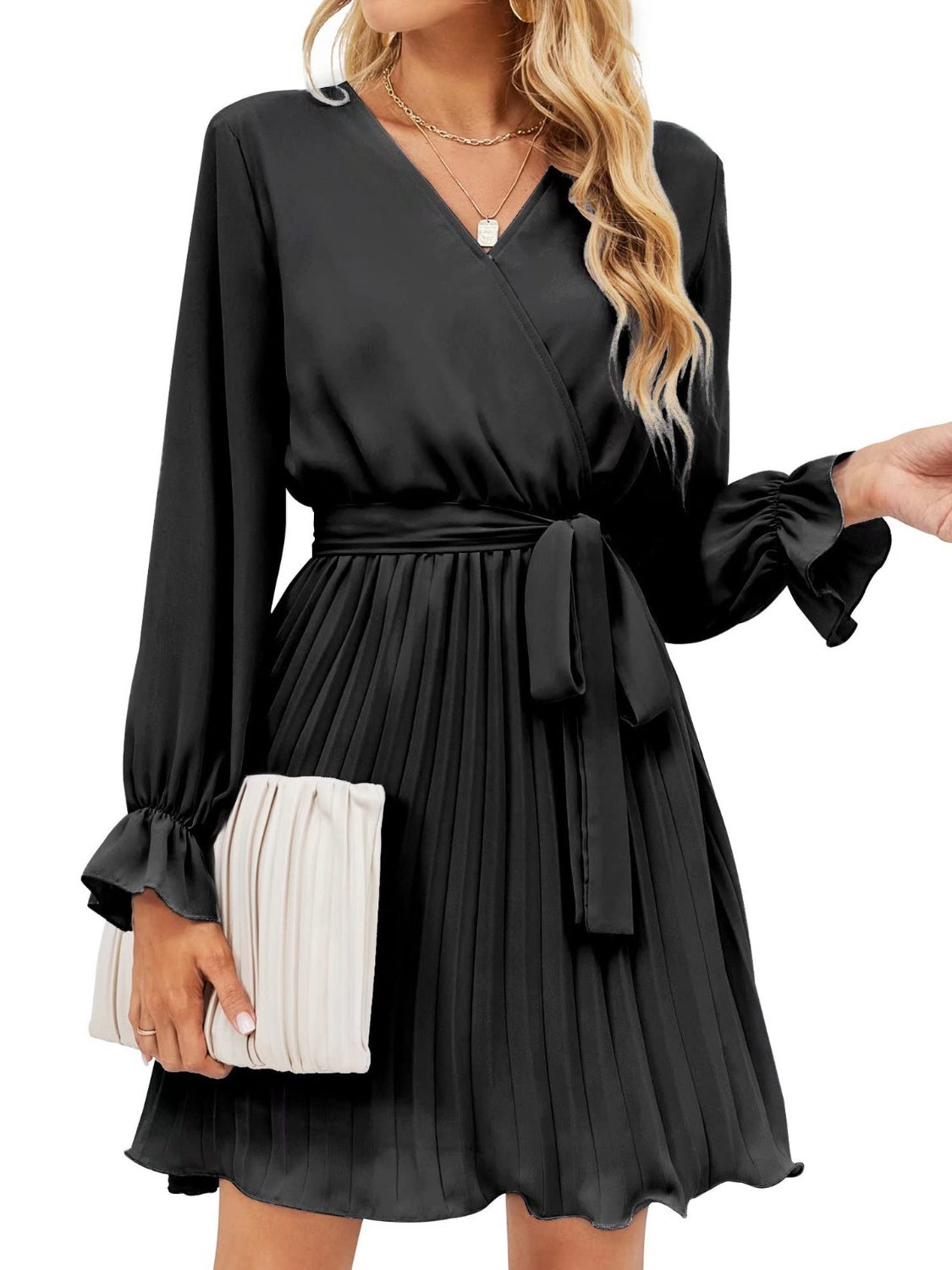 Ivyshape | Surplice Flounce Sleeve Pleated Mini Dress