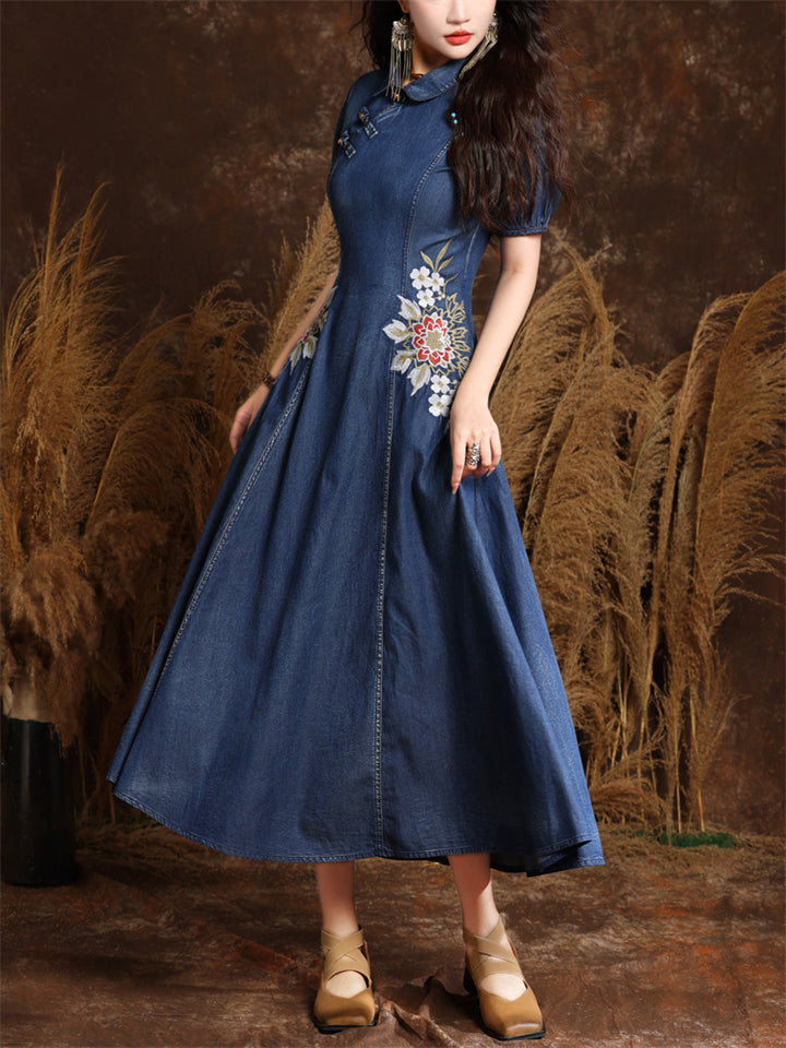 Beautiful Flower Embroidery Lapel Denim Pleated Dress