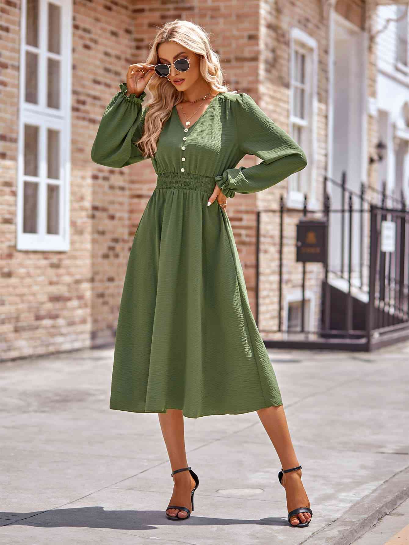 Buttoned V-Neck Flounce Sleeve Midi Dress