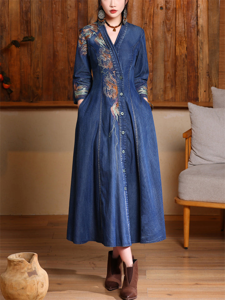 Elegant Embroidery V Neck Button Up Denim Dress