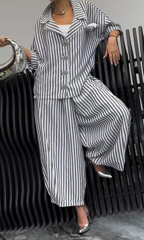 Ivyshape | Women's Comfortable Striped Top and Pants Two-Piece Set