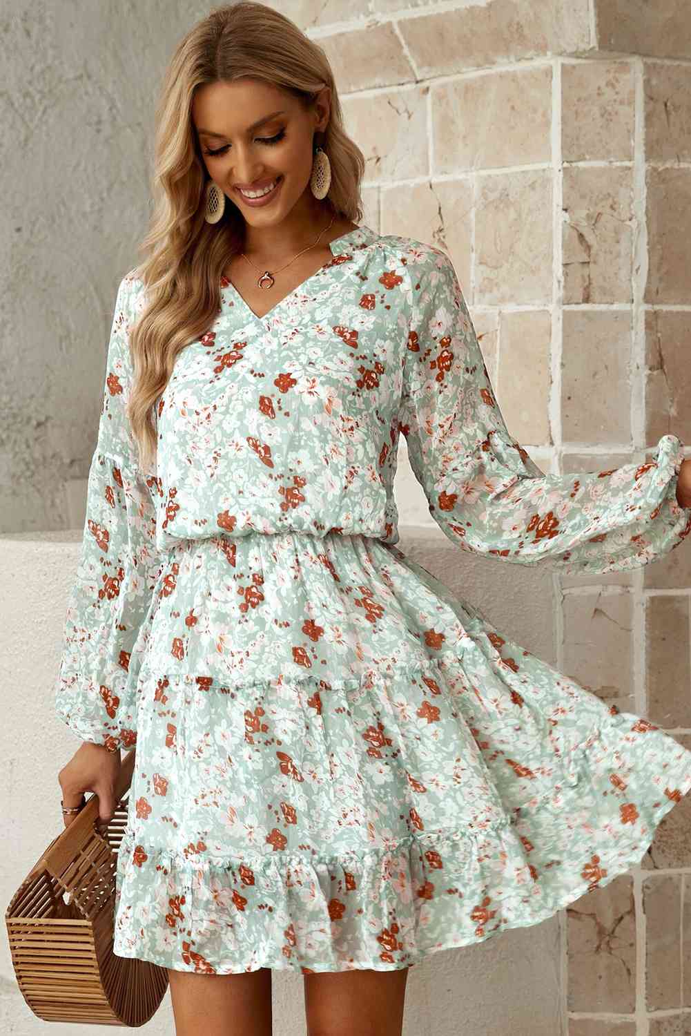 Floral Frill Trim Puff Sleeve Notched Neck Dress