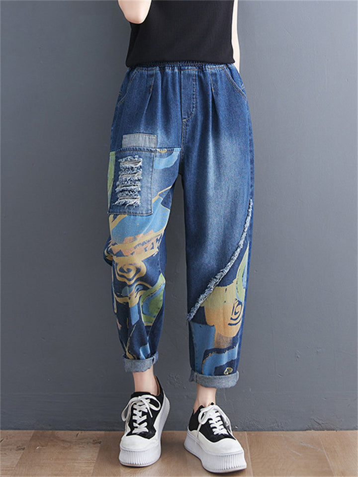 Trend Abstract Print High Rise Ripped Ladies Blue Jeans