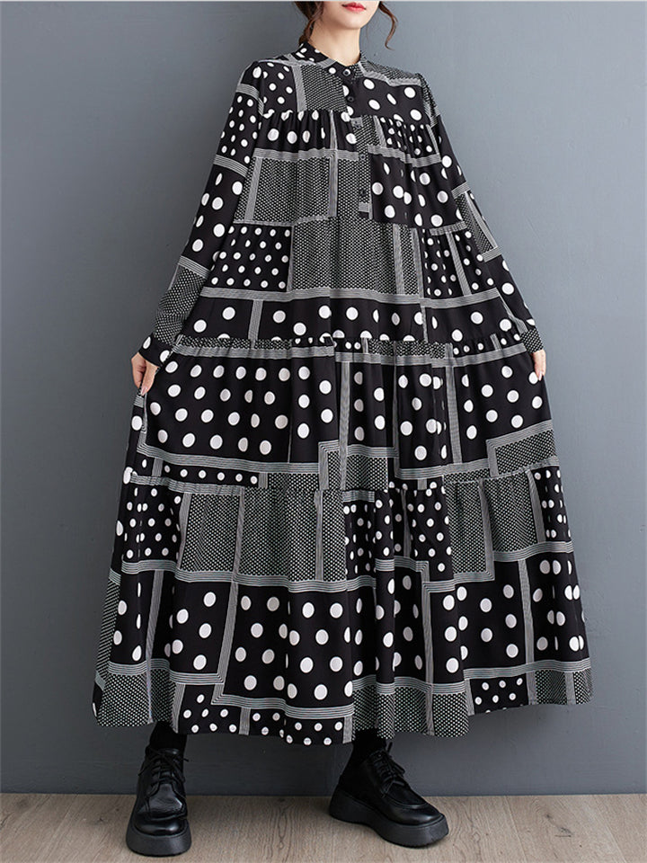 Women's Black & White Polka Dot Plaid Pleated Dress