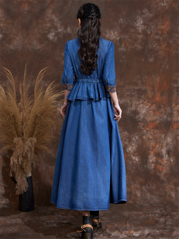 Female Elegant Lace-up Spring Summer 3/4 Sleeve Denim Dress