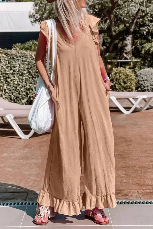 Cozy V Neck Ruffle Jumpsuit