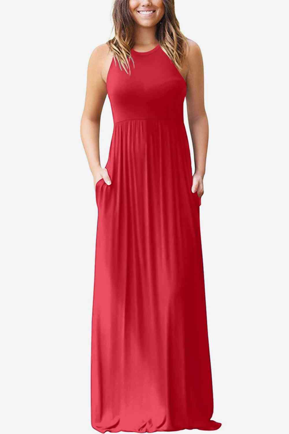 Round Neck Sleeveless Dress with Pockets